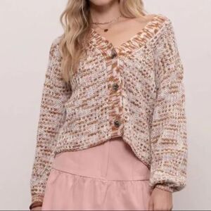 Blu Pepper Marled Button Front Cardigan NWT Cream Brown Pink Size Large